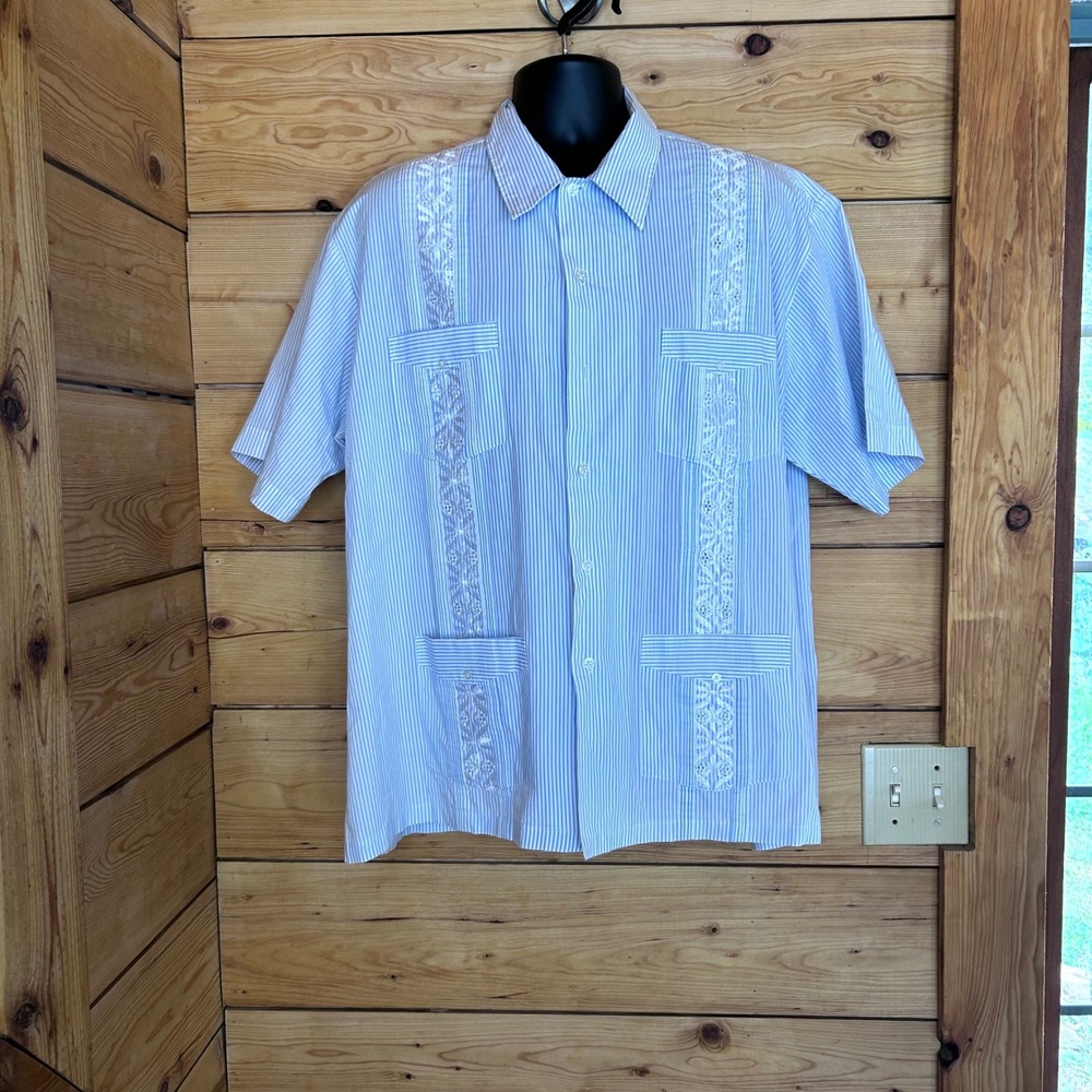 Vintage Guayabera Cuban Wedding Shirt Mens 2XL Blue Striped Embroidered Haband